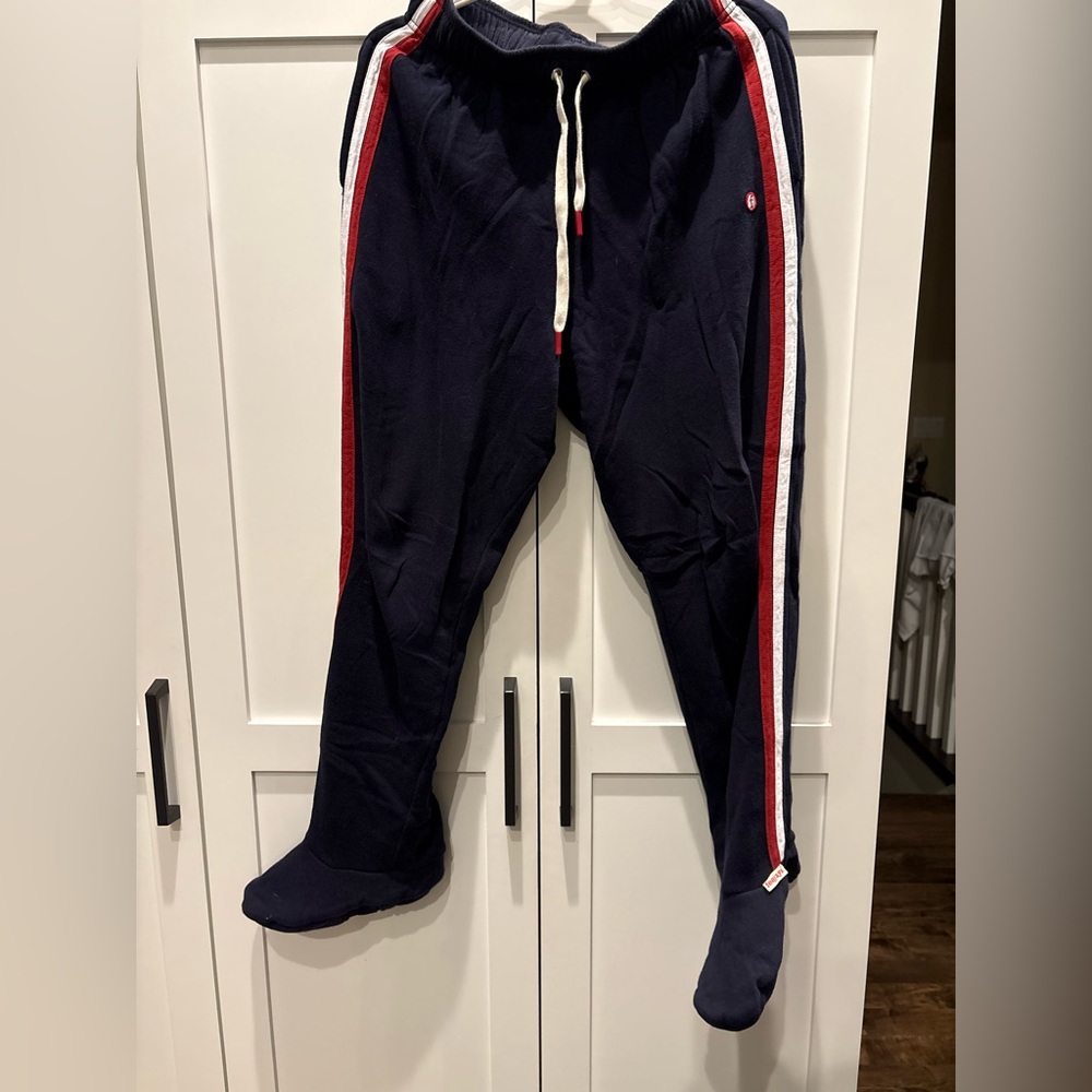 Women’s Feejays Navy Track Pants with Red and White Stripes